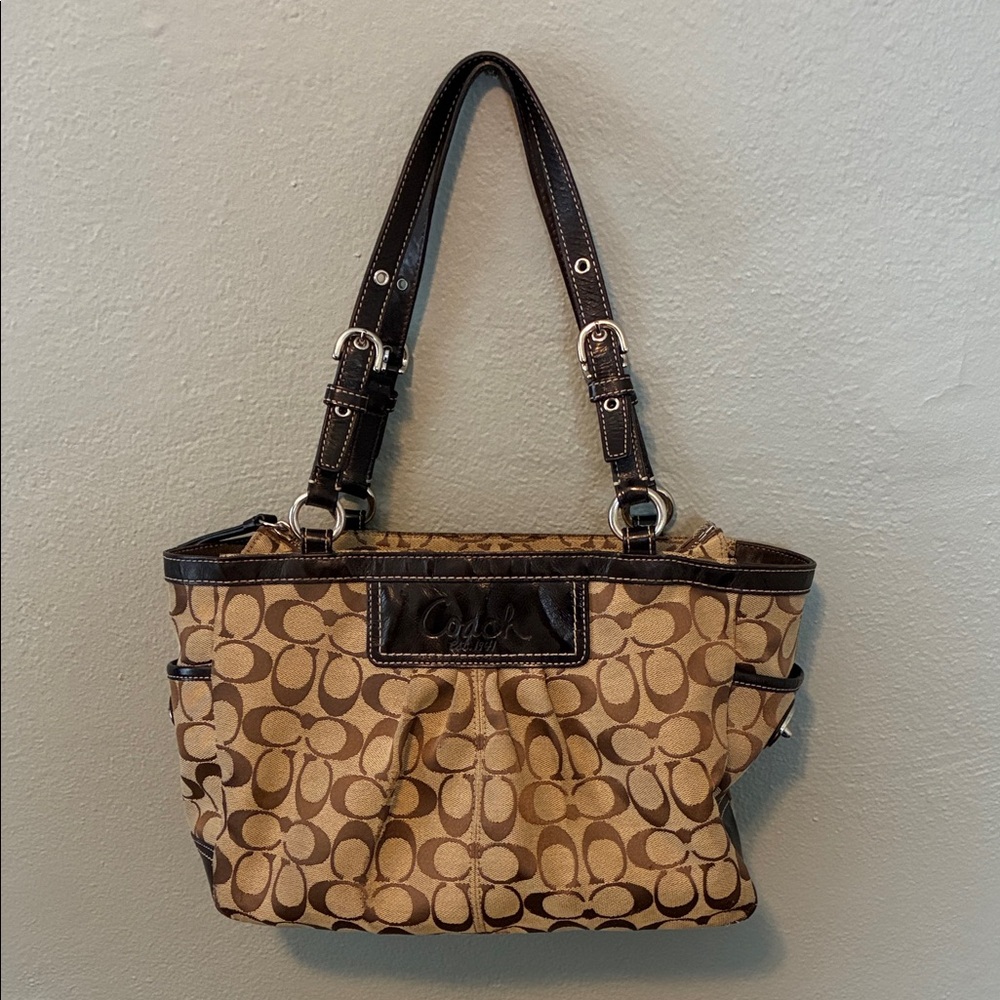 Coach Tan and Brown Signature Pleated Gallery Shoulder Handbag Tote - Picture 2 of 15